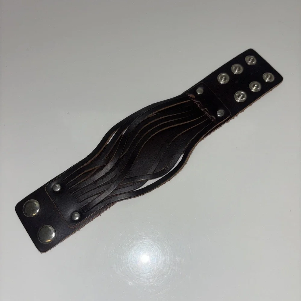 Mens Dark Brown Leather Cuff Bracelet Wide Multi Strand Adjustable Snap Wrap